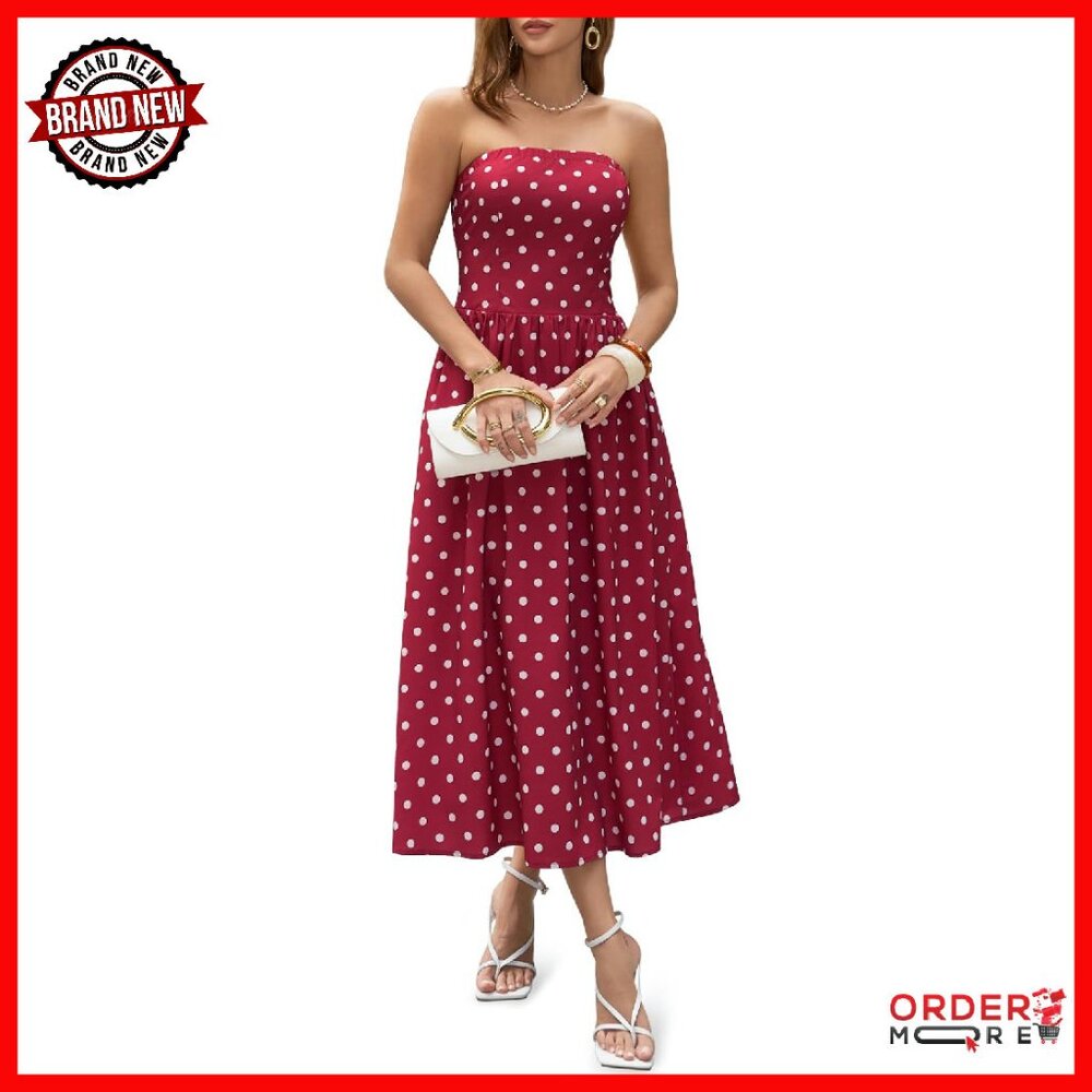 Strapless Maxi Dress Smocked Tube Top Flowy A-Line With Pockets